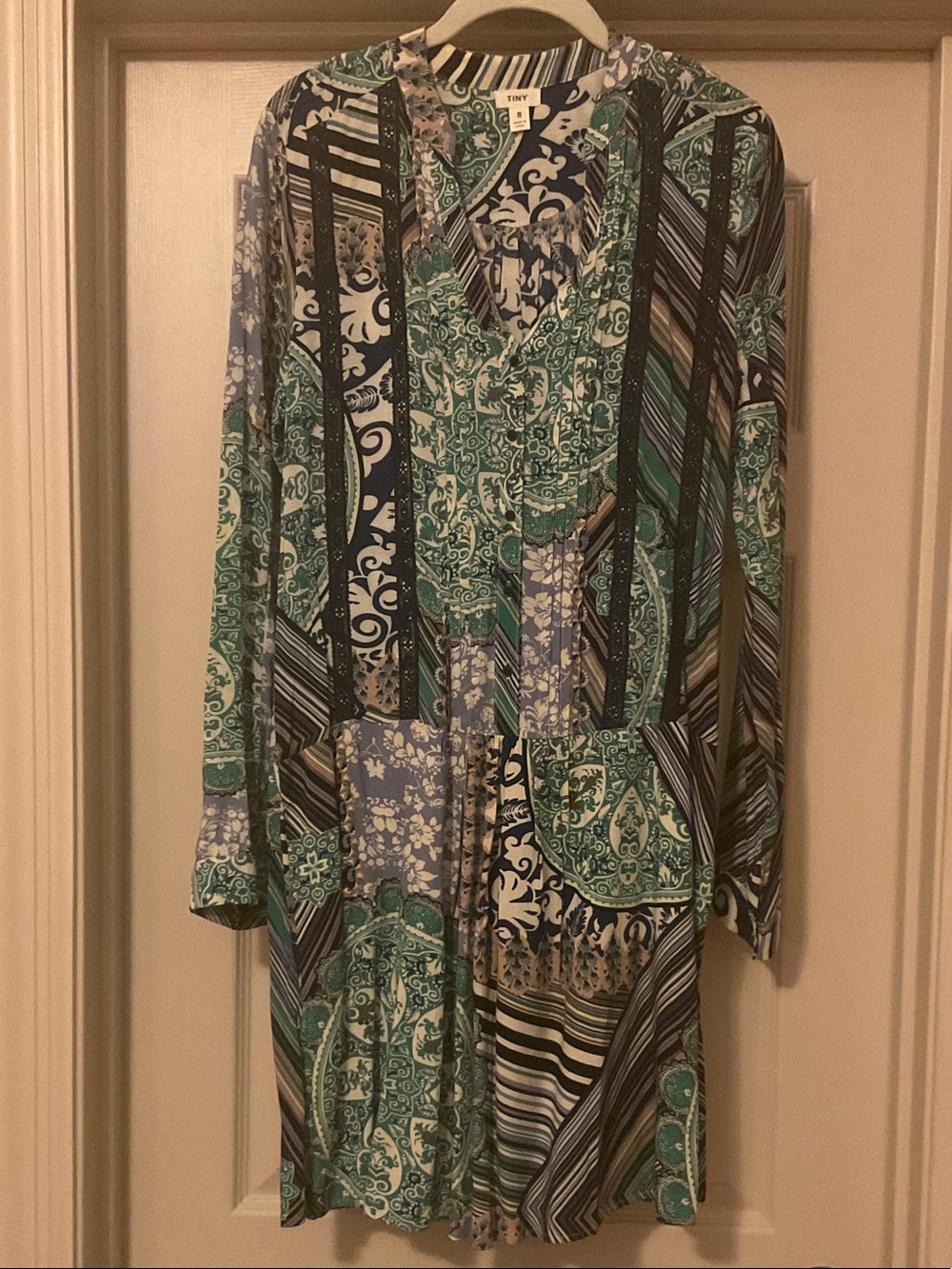 Long-Sleeve V-Neck Print Dress in Teal & Navy from Anthropologie (Size Small)
